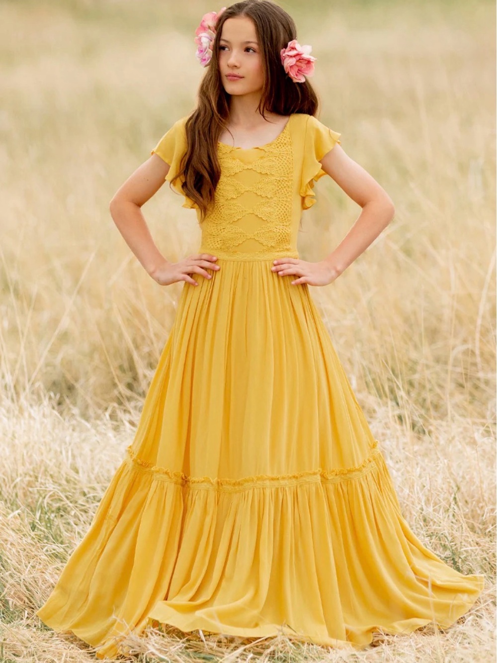 Joyfolie Mia Joy Girls Mustard Yellow Viola Maxi Dress Crochet Bodice Size 10